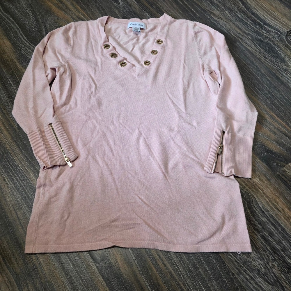 Calvin Klein Womens XS Pink V-Neck Grommet Zipper Cuff Knit Top M6VS8734